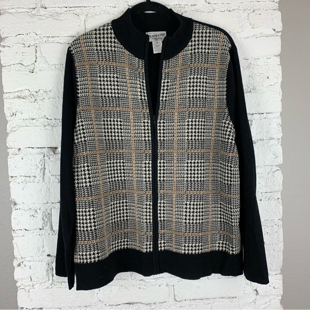 Pendleton Merino Wool Black Houndstooth Knit Front Zip Jacket 1X